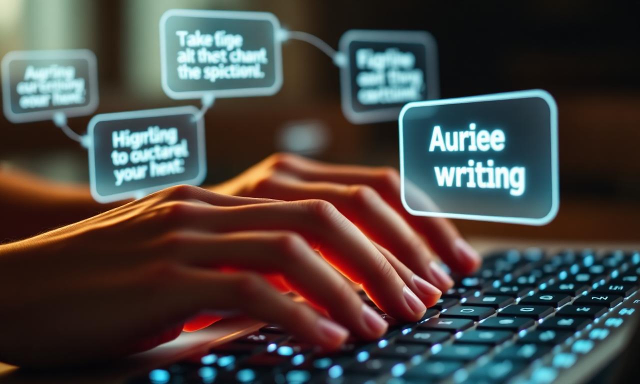 Hands typing a structured image prompt with reference photographs spread on the desk